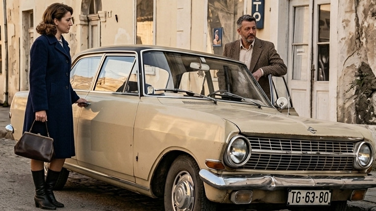 Muž i žena ulaze u auto u starom titogradu